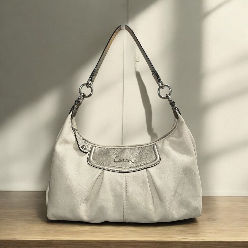 Coach Purse Womens Ivory Silver Ashley Hobo Convertible Shoulder Bag F19781